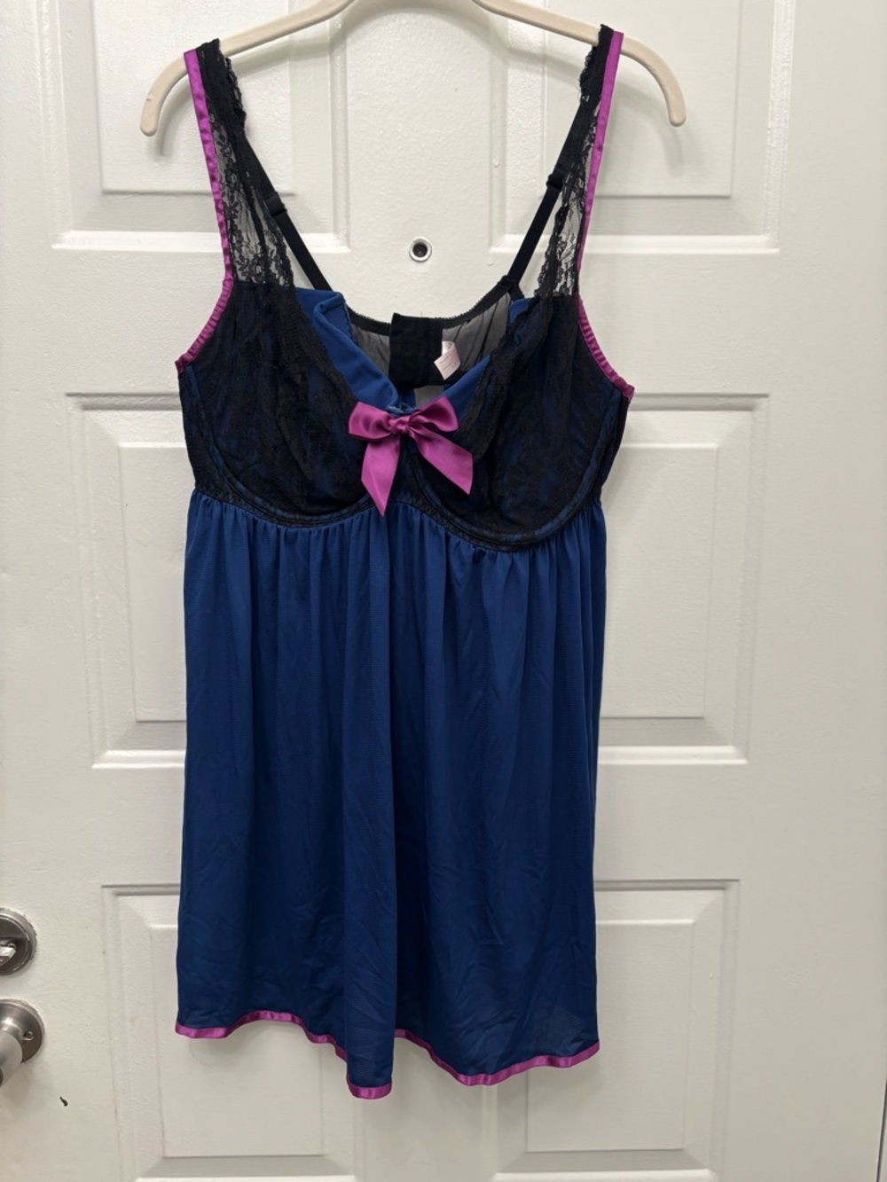 Cacique Blue Satin Chemise with Black Lace and Pink Trim